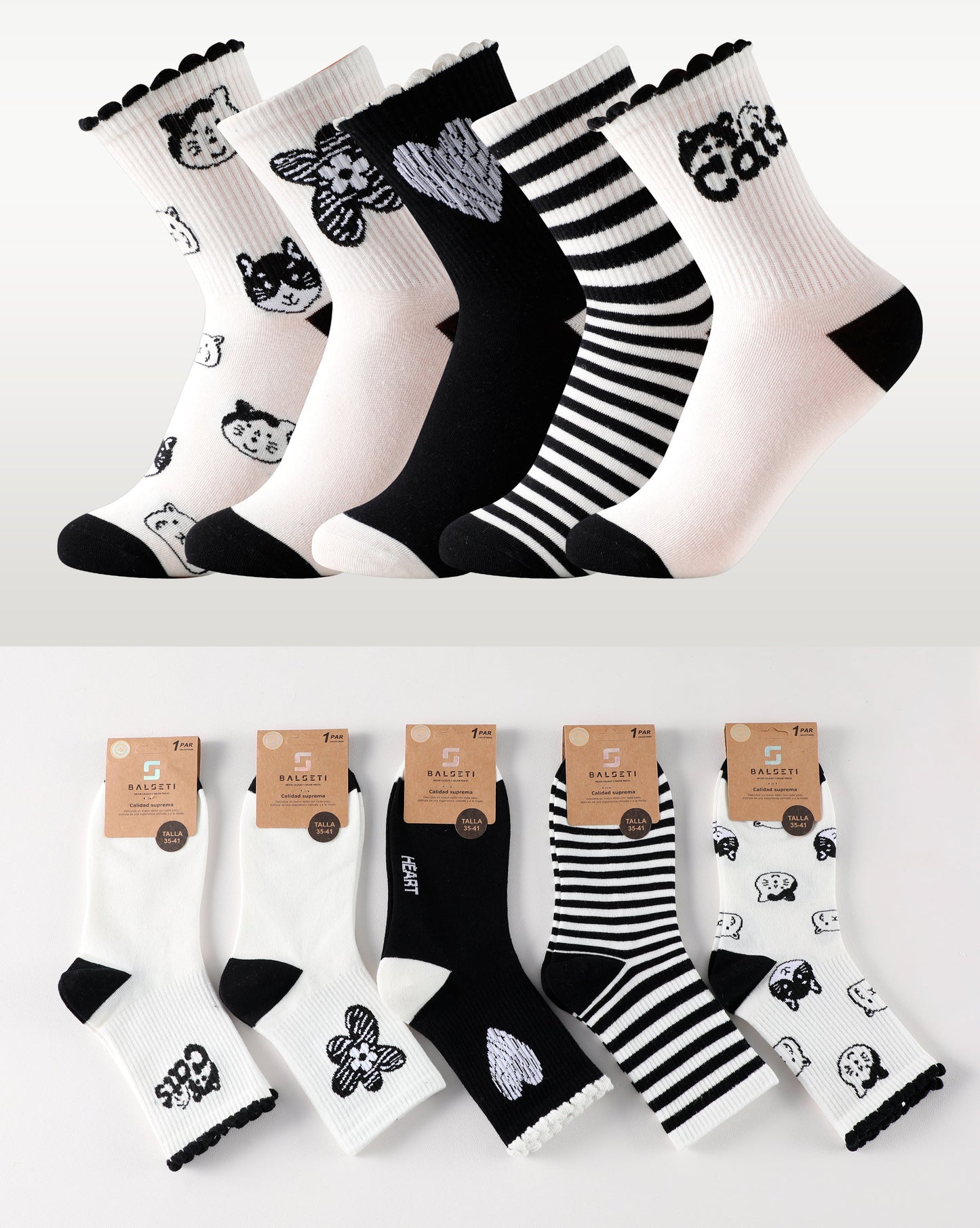 Calcetines de caña media tipo casual talla 35 a la 41 modelo "Blanco y negro mix"